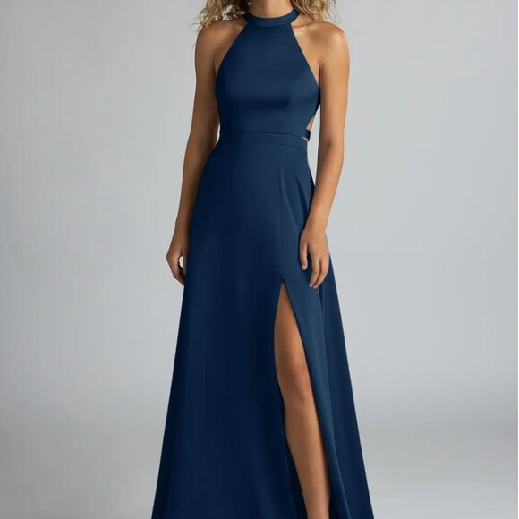 Azazie Clarice Stretch Dark Navy A-Line High Neck Stretch Satin Dress - Picture 1 of 5